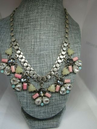 Stella,  Dot Statement Necklace Silver Tone Clear Pink Gray Rare 28.  31