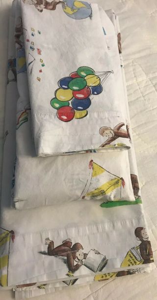 Rare 3pc Pottery Barn Kids Curious George Twin Fitted Flat Sheets Pillowcase Set