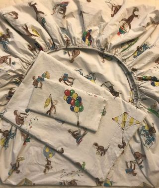 Rare 3pc Pottery Barn Kids Curious George Twin Fitted Flat Sheets Pillowcase Set 3