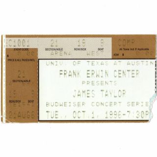 James Taylor Concert Ticket Stub Austin Texas 10/1/96 Sweet Baby James Rare