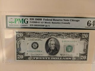 1969b $20 Chicago Rare Star Note,  Pmg Choice 64 Epq Uncirculated,  Rare Series.