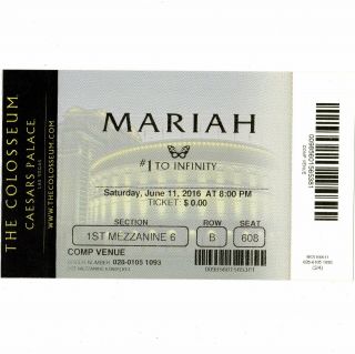 Mariah Carey Concert Ticket Stub Las Vegas 6/11/16 Caesars Palace Colosseum Rare
