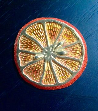 Rare Vintage Crown Trifari Orange Slice Fruit Enamel Gold Tone Pin Brooch Nr