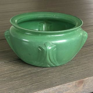 Rare Vtg Antique Art Deco Glass Vase Bowl Dish Stained Painted Green Pot Planter