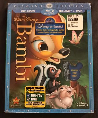 Disney Bambi Blu - Ray Dvd 2 Disc Diamond Edition Rare Oop Slipcover Sleeve