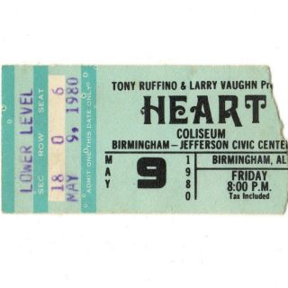 Heart Concert Ticket Stub Birmingham Al 5/9/80 Civic Bebe Le Strange Tour Rare