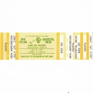 Bob Dylan & Grateful Dead Concert Ticket Stub Eugene Or 7/19/87 Mail Order Rare