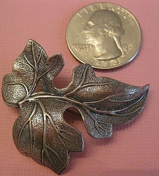 Rare Vintage Grape Leaf 3d Signed Sterling Silver Brooch Ivy Pin Heavy Detailed