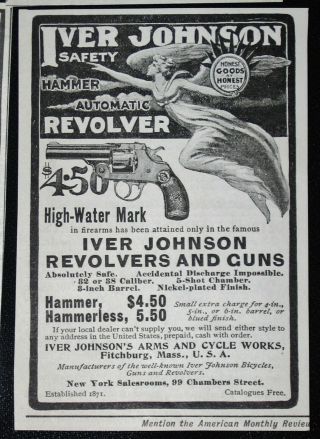 RARE c1900s IVER JOHNSON Vtg Print Ad Automatic Hammer Revolver/Gun Angel Flying 2