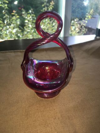 Rare Fenton Ruby Red Opalescent Iridescent Open Loop Handle Basket Weave Mini 2