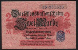 1914 2 Mark Wwi German Rare Old Vintage Paper Money Banknote Currency P 55 Xf