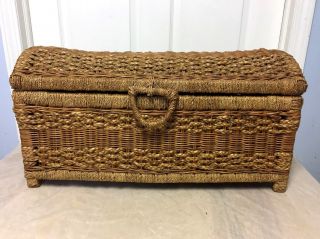 Vintage Large Wicker & Rush Storage Trunk,  Natural Wooden Frame Chest - Rare