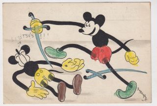 1930,  Rare Disney Advertising Postcard From Hungary,  Mickey Mouse Fencing