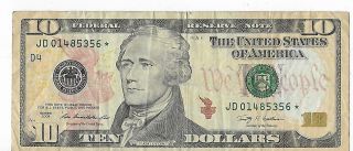 10 Dollar Bill 2009 Rare Star Note,  Low Serial Number Circulated,  Jd01485356