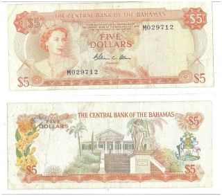 Bahamas 5 Dollar 1974 In (vf) Banknote P - 37b Rare