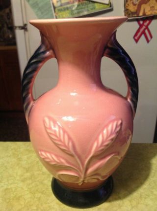 Rare Vintage Roseville Art Pottery Two Handle Pink/black Vase - 8 " High Exc