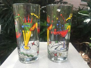 2 Rare Vintage Italy Colorful Art Deco Cocktail Drinks Martini Drinking Glasses