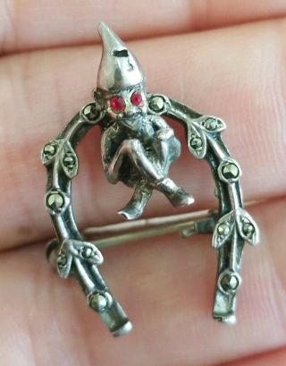 Rare Vtg Signed Irish Sterling 925 Marcasite Elf Pixie W/red Eyes Brooch/pin