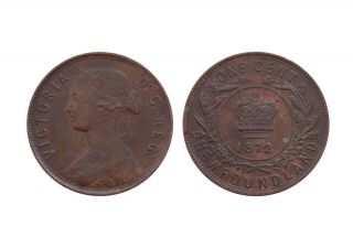 Newfoundland,  1 Cent,  1872,  Queen Victoria,  Rare,  Au,  Quality,  Bronze