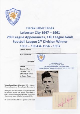 Derek Hines Leicester City 1947 - 1961 Rare Hand Signed Cutting/card