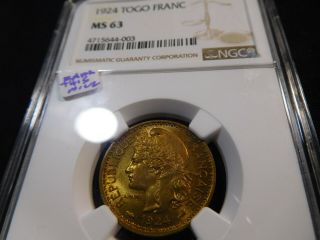 Y11 French Africa Togo 1924 Franc Ngc Ms - 63 Rare This