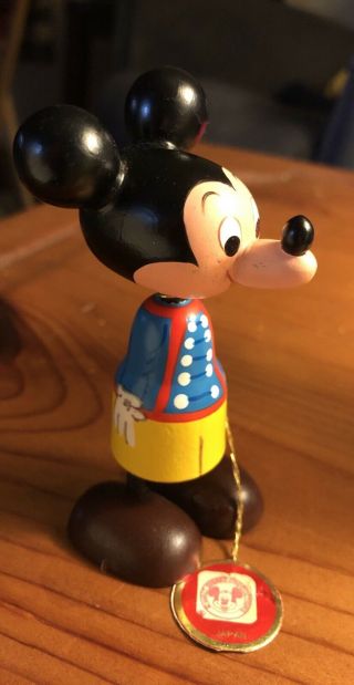 Vintage Walt Disney Mickey Mouse Hand Painted Wood Rare Japan W/tag