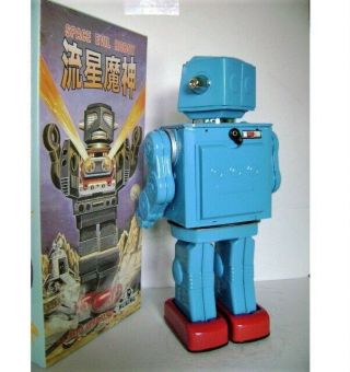 RARE SPACE EVIL BLUE ROBOT METAL HOUSE JAPAN MIB 3