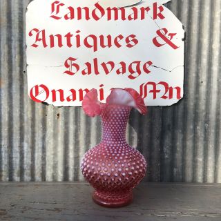 Rare Vtg Fenton Glass Vase Ruffled Candy Ribbon Crimped Cranberry Plum Hobnail