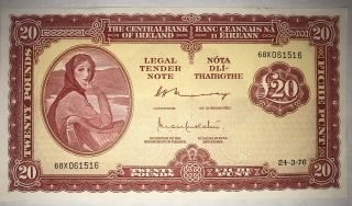 Ireland Rare 1976 £20 Lady Lavery (68x) Banknote