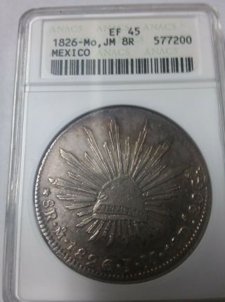 Rare 1826 Mo Mexico 8 Reals - Cap&rays/eagle/ Snake - Anacs Ef 45