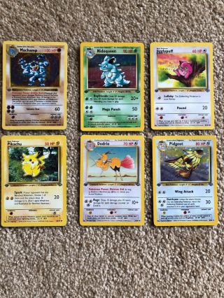 6 First Edition Pokémon Cards W/ Very Rare Holo Machamp & Holo Nidoqueen 10/10