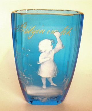 Rare Antique Victorian Blue Mary Gregory Vase / Gold Gilt Scrip 2