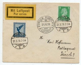 1928 Germany To Switzerland First Flight Cover,  Konstanz - Zurich,  Rare