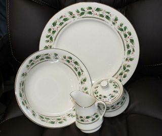 Royal Holly Home For The Holidays Rare Set Creamer Bowl Plate Sugar Plate China