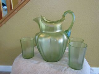 Loetz Olympia Large Art Iridescent Pitcher With 3 Glasses - Rare And