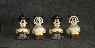 Disney Mickey & Minnie Thanksgiving Pilgrim Figurine Napkin 4 Ring Set - Rare