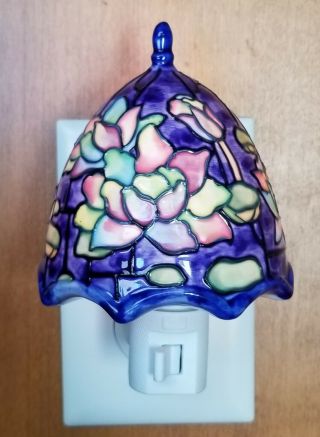 Lotus Floral Flower Stained Glass Night Light Plug In Blue Rare