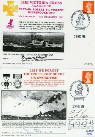 2 Rare Fdc Royal Navy Ww2 Victoria Cross Actions Signed Dsos Vrds Dsg & Cgm