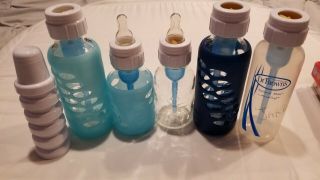 4 Dr Brown’s Rare Glass Bottles 4oz/8oz Complete With 3 Sleeve (blue) 1 Plastic.