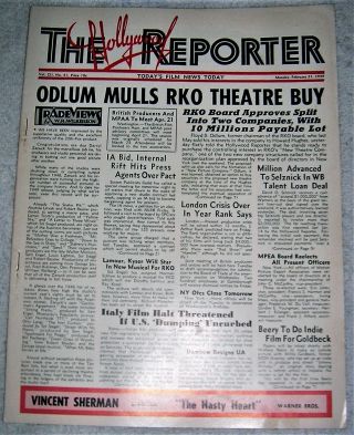 1949 Rare Hollywood Reporter " Odlum Mulls Rko Theatre Buy " Issue