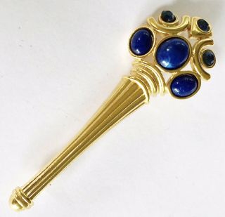 Rare Vintage Signed Crown Trifari Royal Blue Scepter Torch Gold Tone Brooch Pin