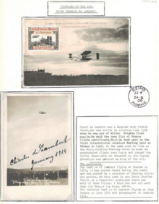 Rare Aviation Postcards (2),  Charles De Lambert,  Signed,  1909 Reims Air Stamp.