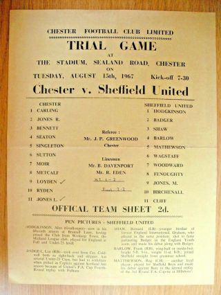 Chester Fc V Sheffield United Friendly 15/08/1967 - Very Rare