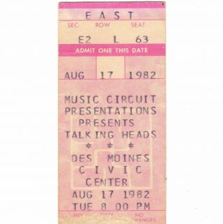 The Talking Heads Concert Ticket Stub Des Moines Iowa 8/17/82 Psycho Killer Rare
