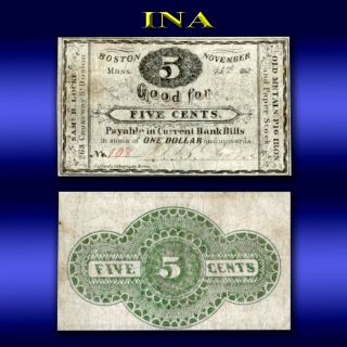 Massachusetts Boston Sam B Locke 5 - Cents Civil - War Era Obsolete Note Very Rare