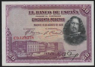 1928 50 Pesetas Spain Vintage Paper Money Rare Old Banknote Currency P 75b Unc