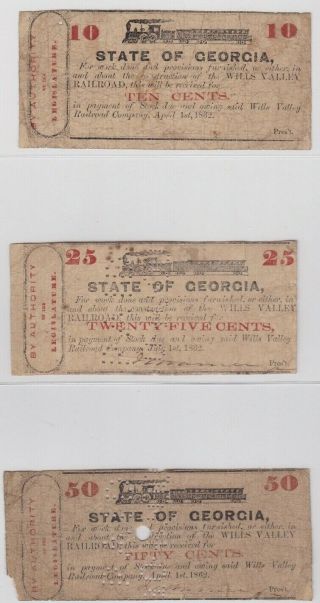 Rare Trio Of Confederate Georgia Wills Valley Railroad Scrip 10,  25 & 50 Cents