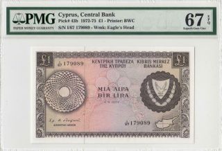 1.  6.  1974 Central Bank Of Cyprus 1 Pound Rare ( (pmg 67 Epq))