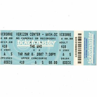 The Who Full Concert Ticket Stub Washington Dc 3/8/07 The Endless Wire Tour Rare