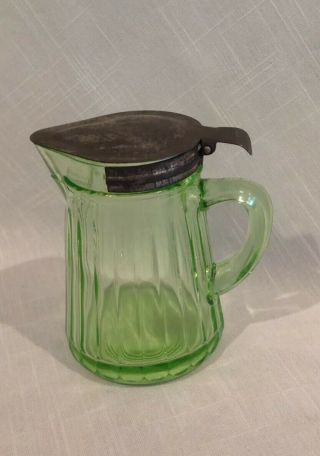 Rare Green Depression Vaseline Glass Syrup Pitcher With Metal Spring Lid